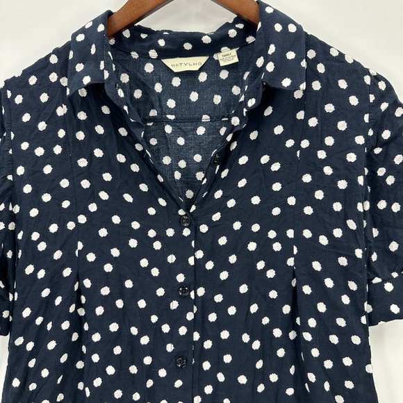 TYLHO Anthropologie Blouse Womens Button Down Short Sleeve Swing Polka Blue S - Picture 3 of 9